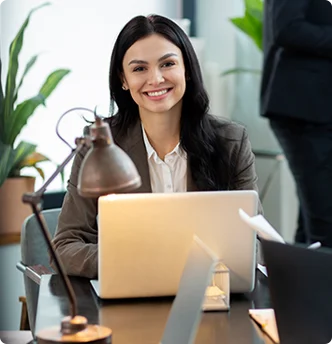 close up smiley woman with laptop